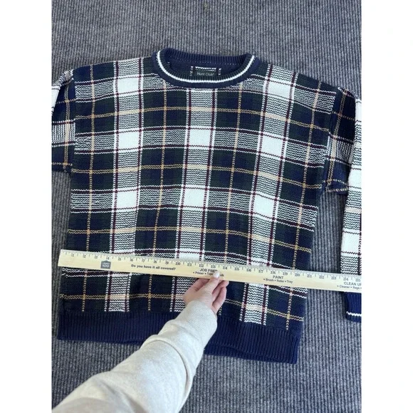 Vintage Hunt Club XL Blue Plaid Cotton Tight-Knit Crew Neck Long Sleeve Sweater - Picture 7 of 8